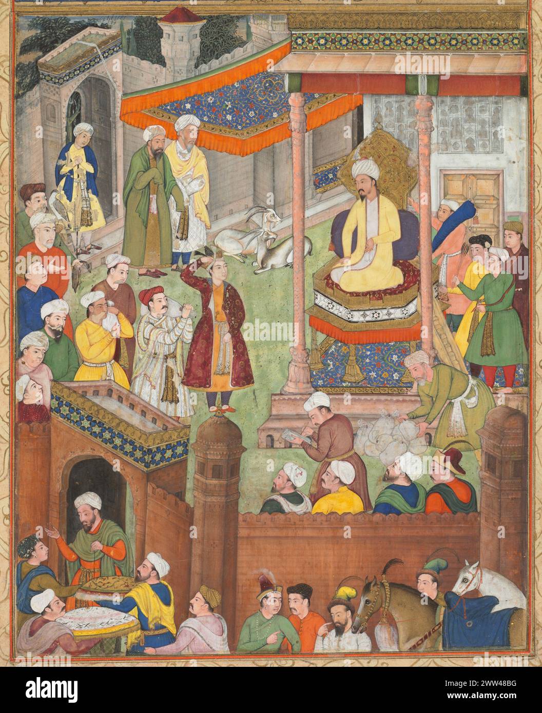 Vintage Indian  Asian Art.  Babur receives booty and Humayun’s salute after the victory over Sultan Ibrahim in 1526, from an Akbar-nama (Book of Akbar) of Abu’l Fazl (Indian, 1551–1602), c. 1596–1597 or 1604. Mughal India, court of Akbar (reigned 1556–1605) Stock Photo