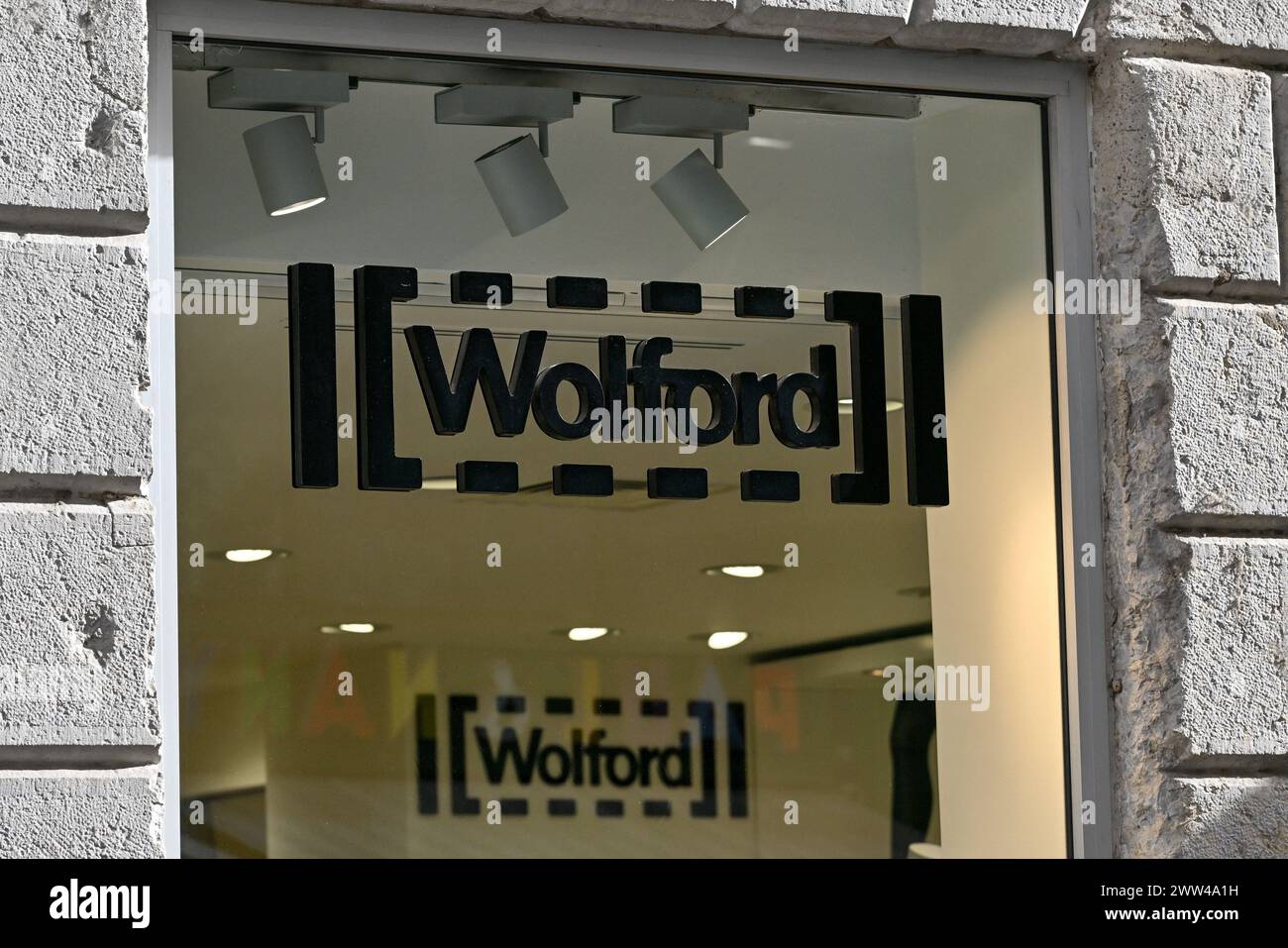 Lyon, France. 16th Feb, 2024. Wolford Illustration of commercial signs