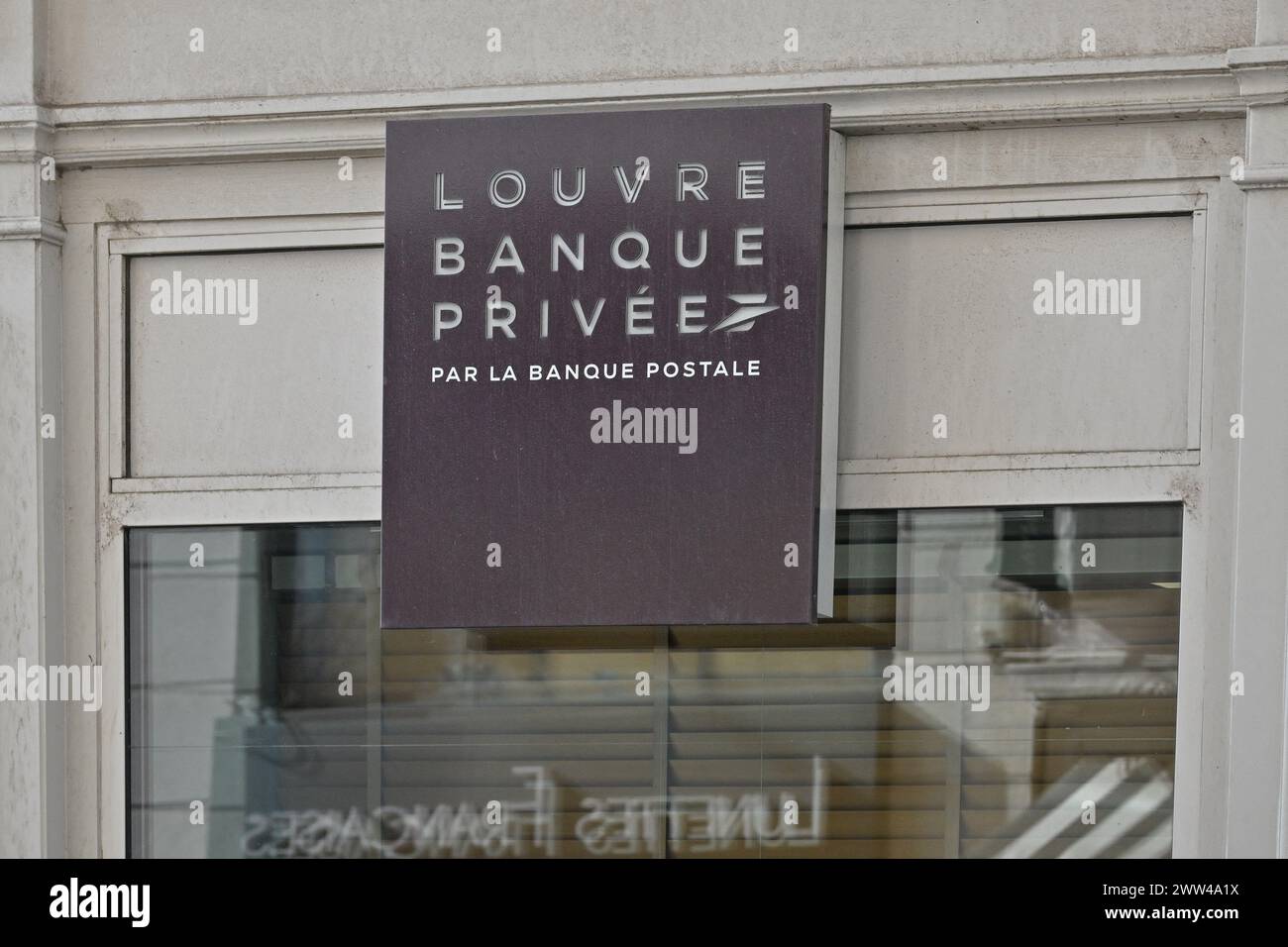 Lyon, France. 16th Feb, 2024. Louvre Banque Privee Par la banque postale Illustration of