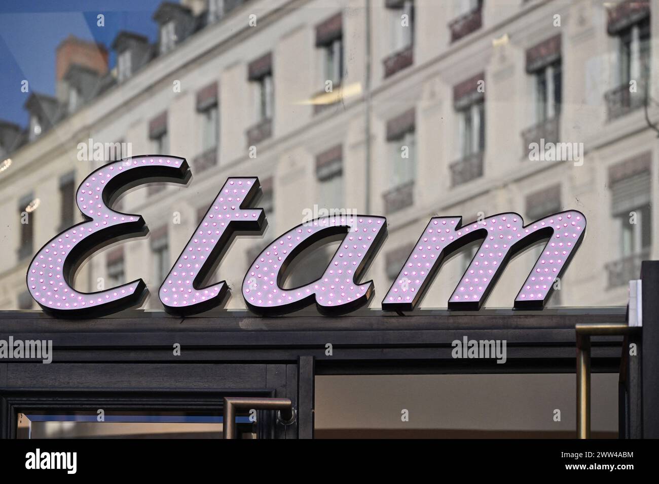 Etam Illustration of commercial signs and shops in Lyon, France on