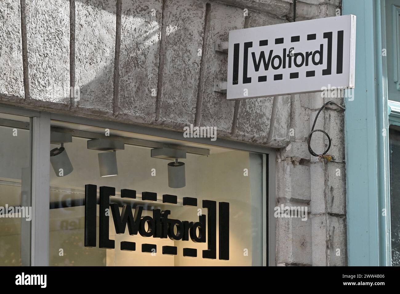 Lyon, France. 16th Feb, 2024. Wolford Illustration of commercial signs