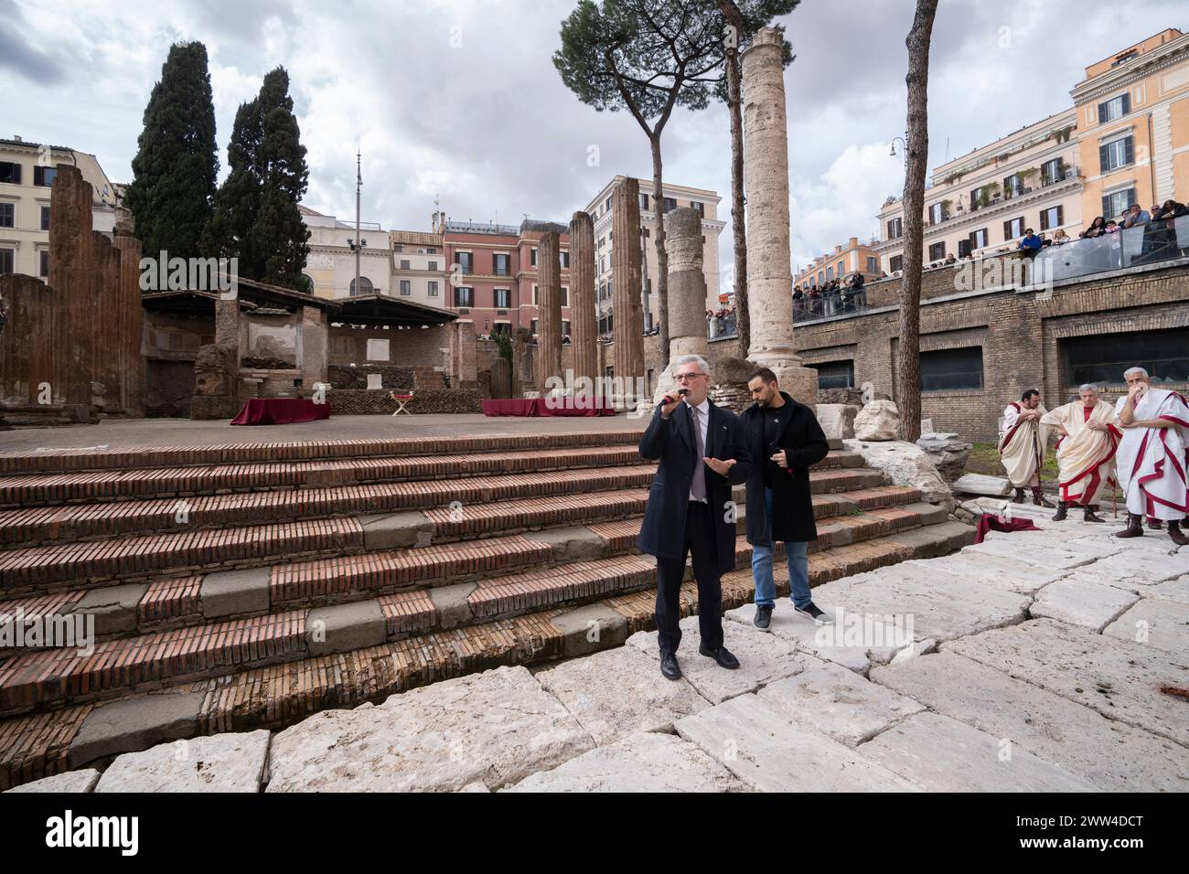 Rome, Italy, March 15, 2024 - On. Federico Mollicone Deputy of the Italian Republic and President of the Culture Commission of the Chamber of Deputies, attends the historical re-enactment of the Ides of March carried out by the Gruppo Storico Romano in the Sacred Area of Largo Argentina in Rome.  Credits: Luigi de Pompeis / Alamy  Live News  Stock Photo Stock Photo