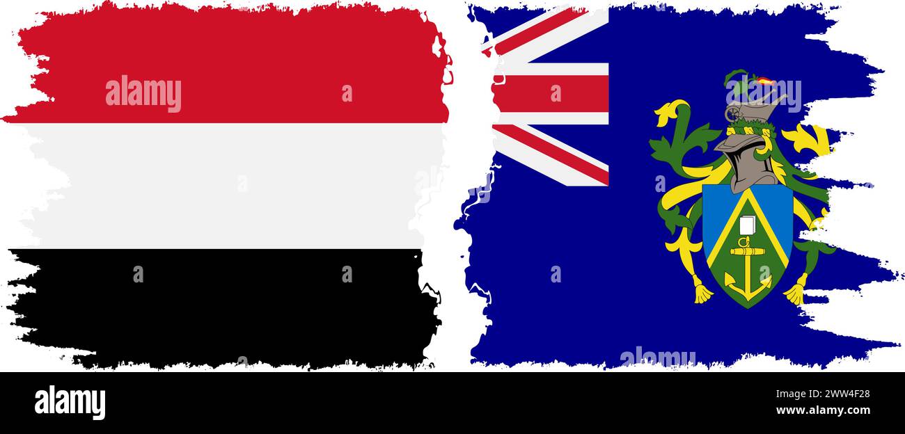 Pitcairn Islands and Yemen grunge flags connection, vector Stock Vector