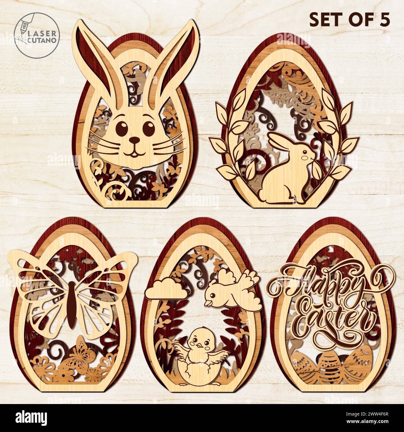 EASTER EGGS BUNDLE Digital multilayer layout files are specially prepared for the laser cut, CNC router machine and other cutting machines. Stock Vector