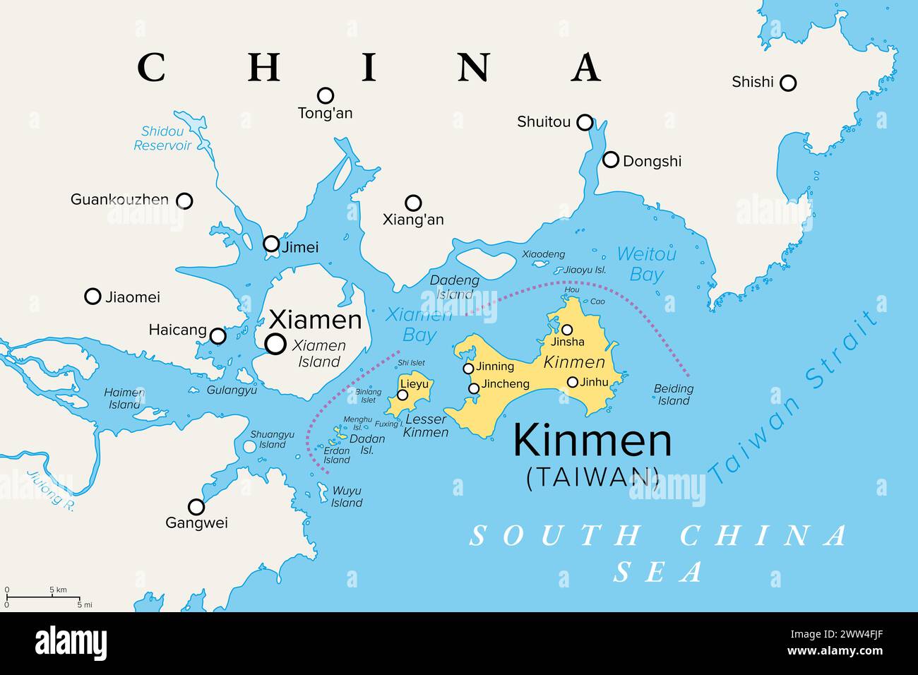 Kinmen, also known as Quemoy, political map. Group of islands governed as county by Taiwan, Republic of China, only 10 km east from the city of Xiamen. Stock Photo