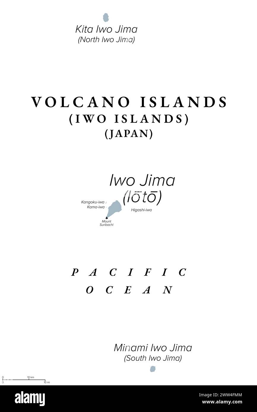 Volcano Islands, or also Iwo Islands, gray political map. Three volcanic islands of Japan, located in the Pacific Ocean, and part of the Nanpo Islands. Stock Photo