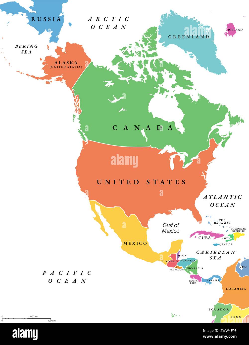 North America countries, political map. Continent bordered by South America, Caribbean Sea, and by Arctic, Atlantic and Pacific Ocean. Stock Photo