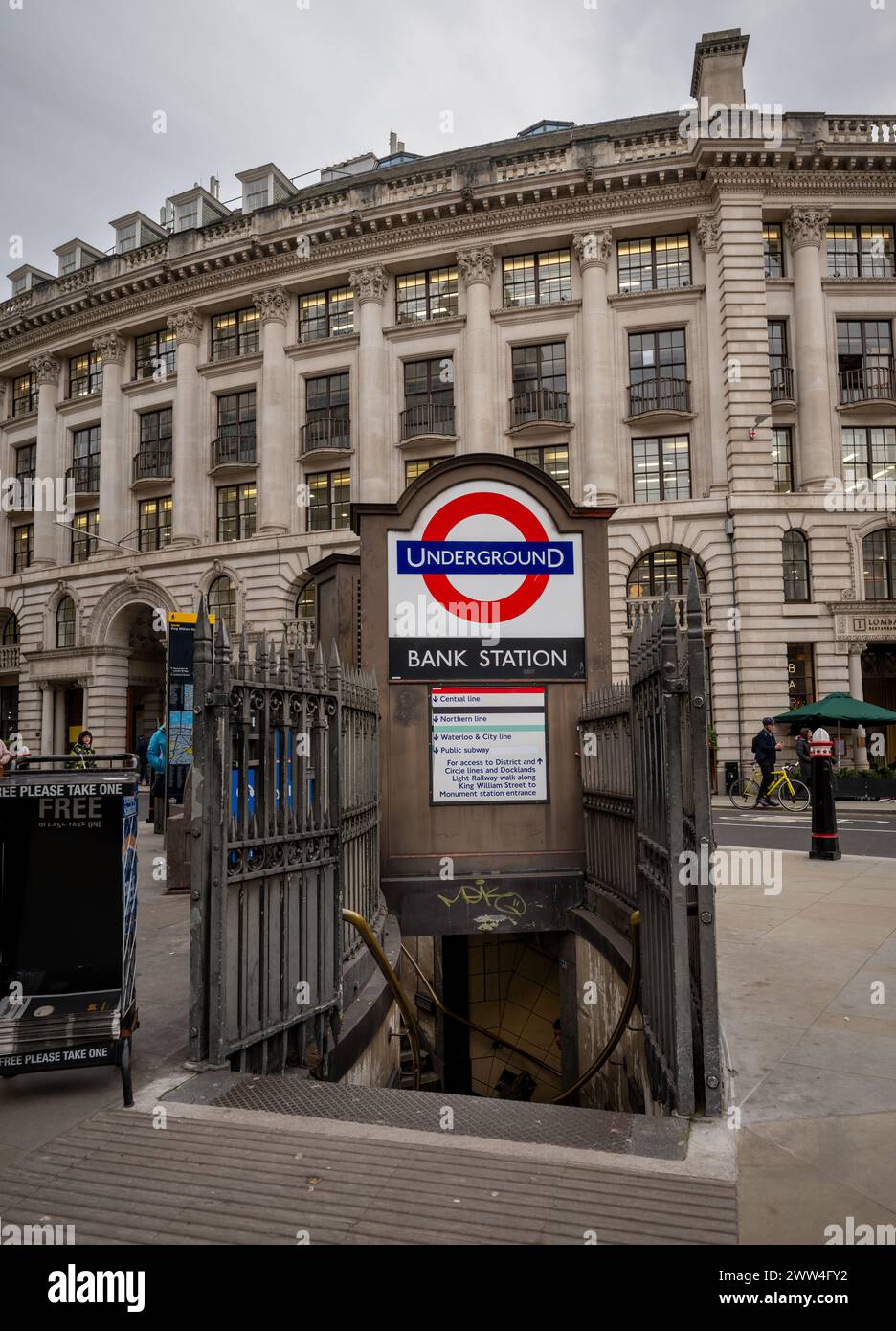 London, UK: An entrance to Bank Underground Station in the City of London. Stock Photo