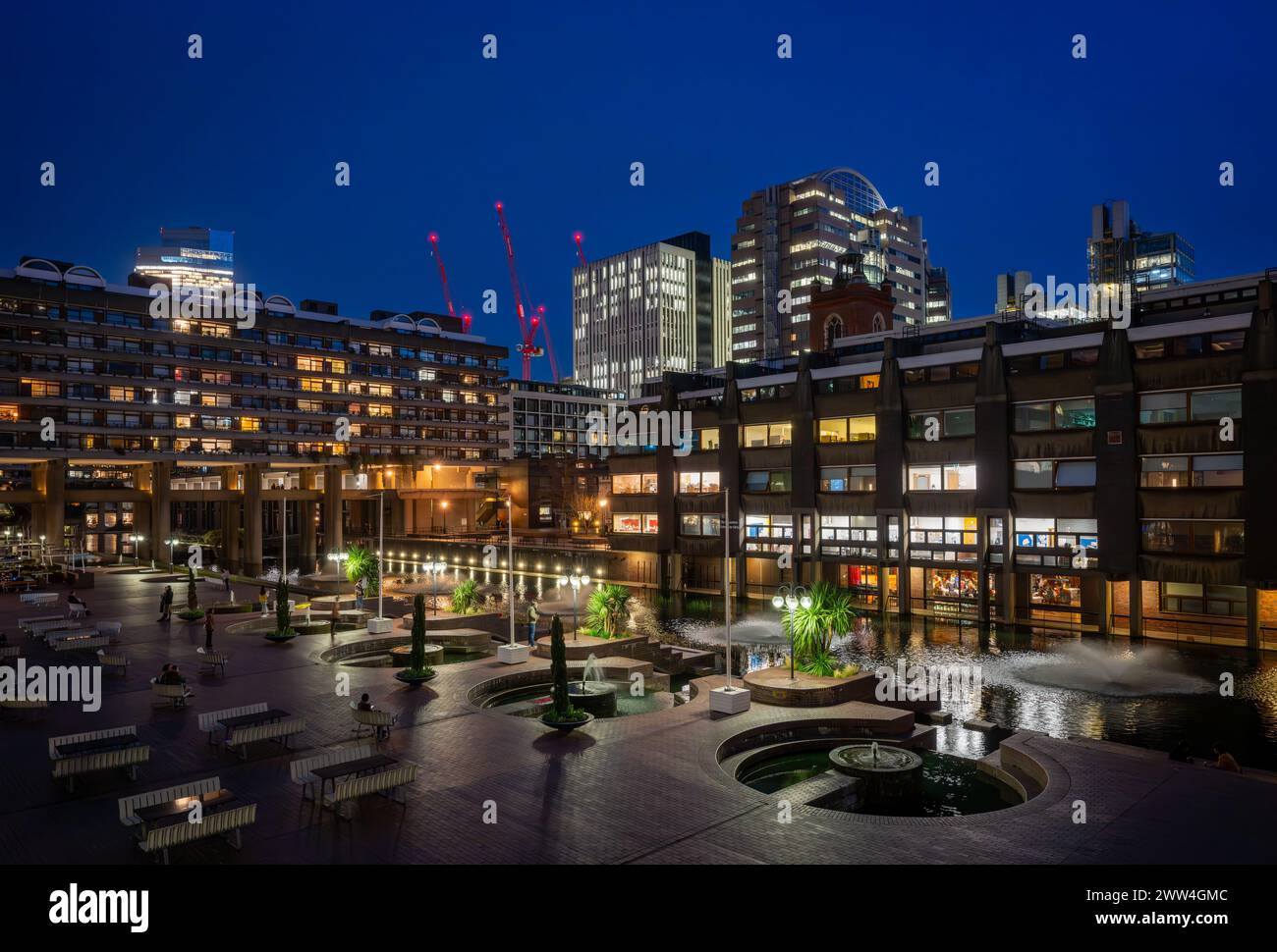 London, UK: Night view of the Barbican Estate in the City of London ...