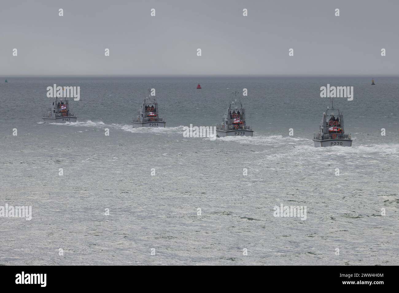 Four Royal Navy patrol boats, HMS EXPLOIT, TRUMPETER, BLAZER and BITER ...