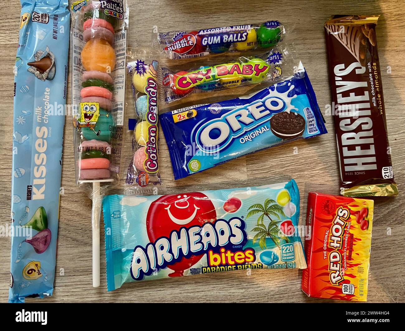 assorted American candy including oreo hersheys airheads cotton candy
