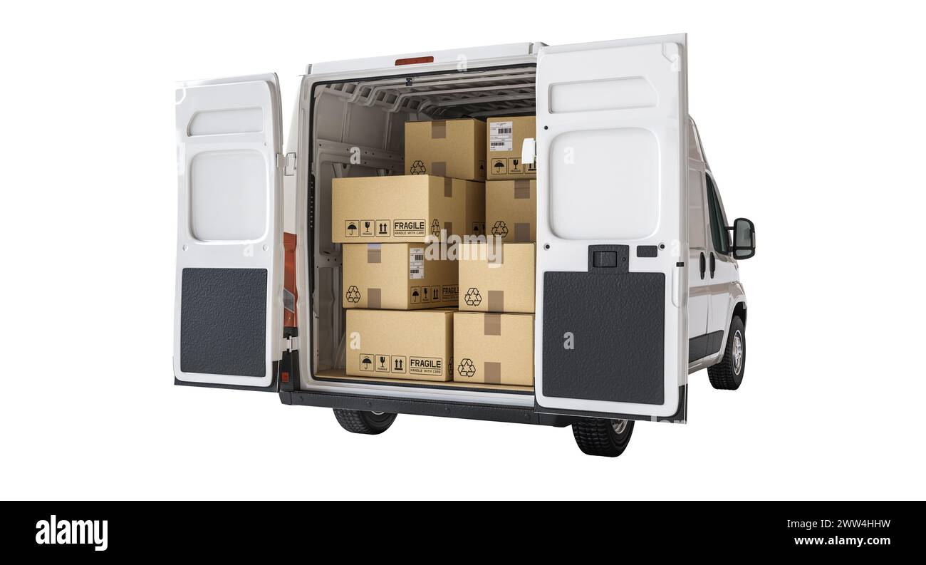 White cargo van with open doors showing a full load of neatly stacked cardboard boxes. 3d render Stock Photo