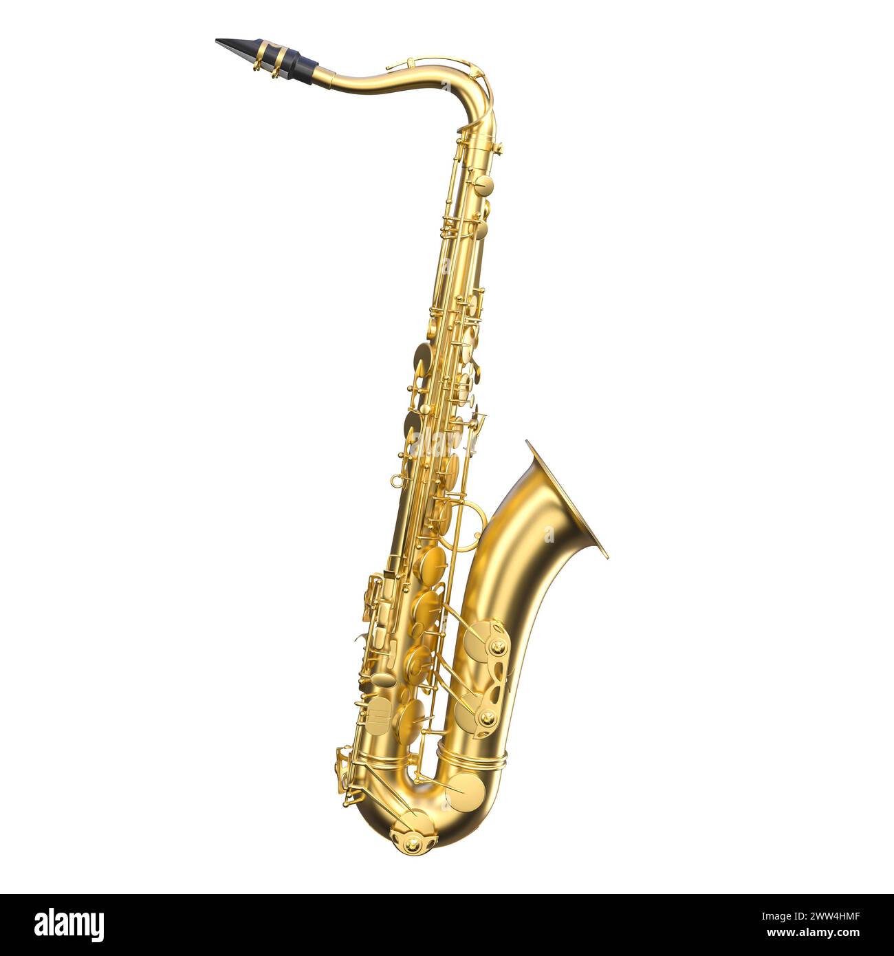 Highly detailed image of a glossy golden saxophone isolated on a white backdrop. 3d render Stock Photo