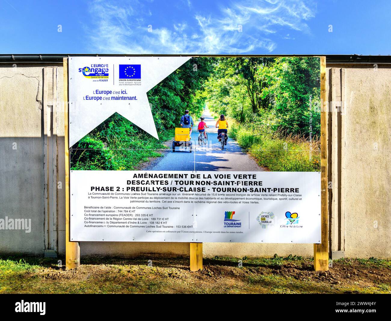 Local government notice detailing expenditure on newly made 'voie verte' green way cycle track from old railway track - sud Touraine, France. Stock Photo