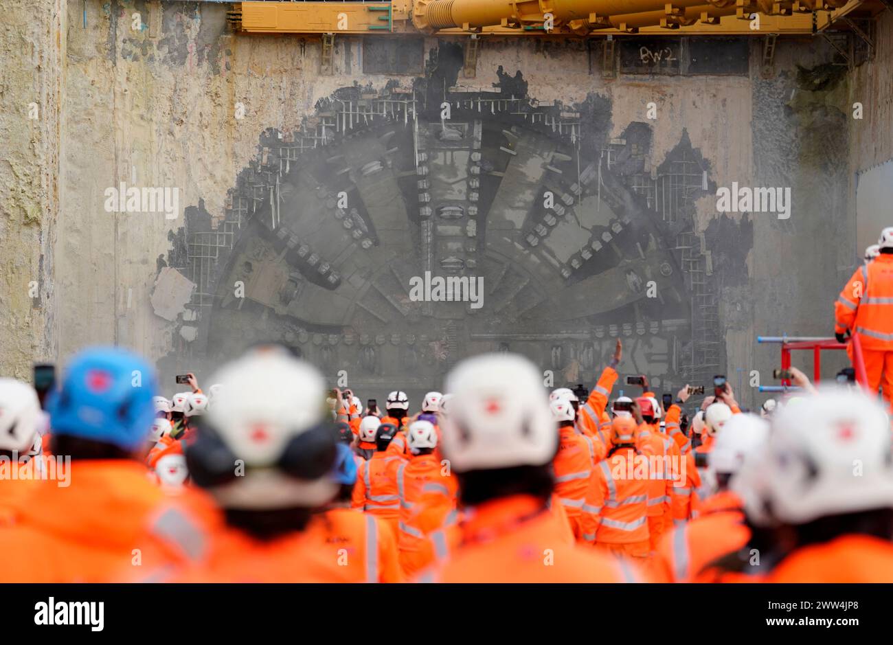 HS2 workers look on as the boring machine Cecelia breaks through after ...