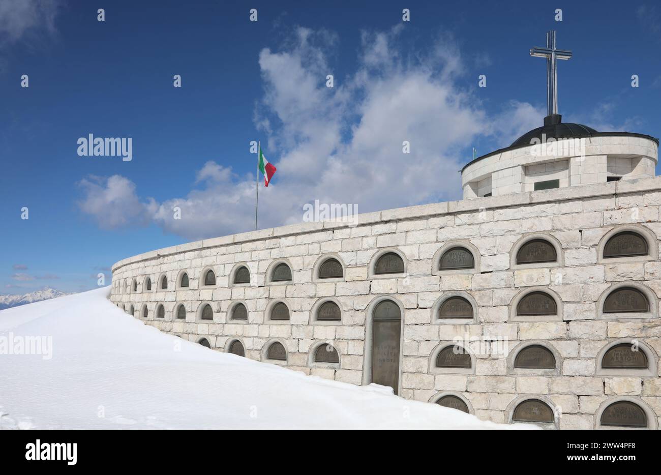 Pieve, TV, Italy - March 13, 2024: Military Memorial of Monte Grappa burial niches with the names of dead soldiers in winter Stock Photo