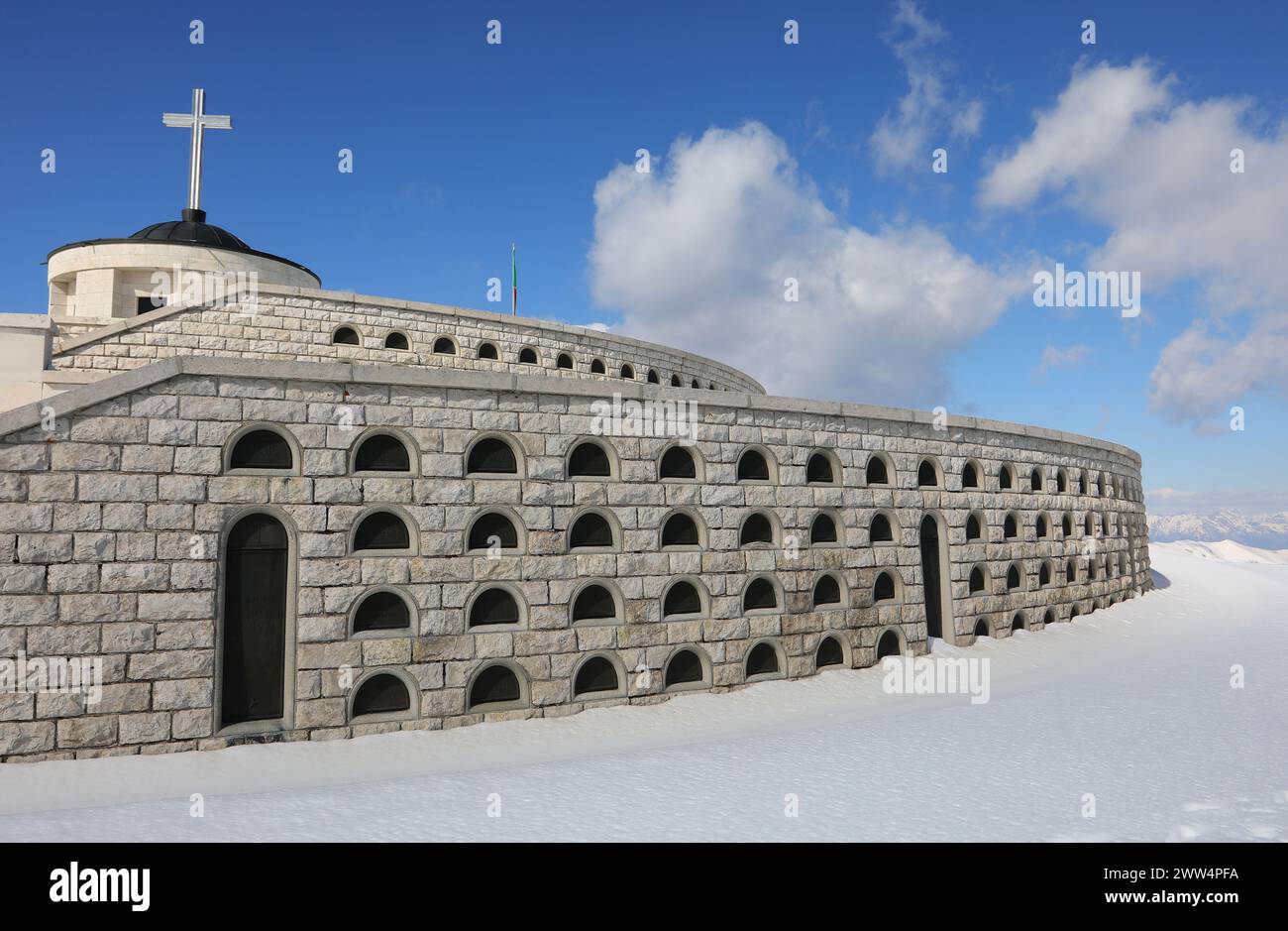 Pieve, TV, Italy - March 13, 2024: Compartments containing the bones of World War I soldiers in a war memorial of Monte Grappa Stock Photo