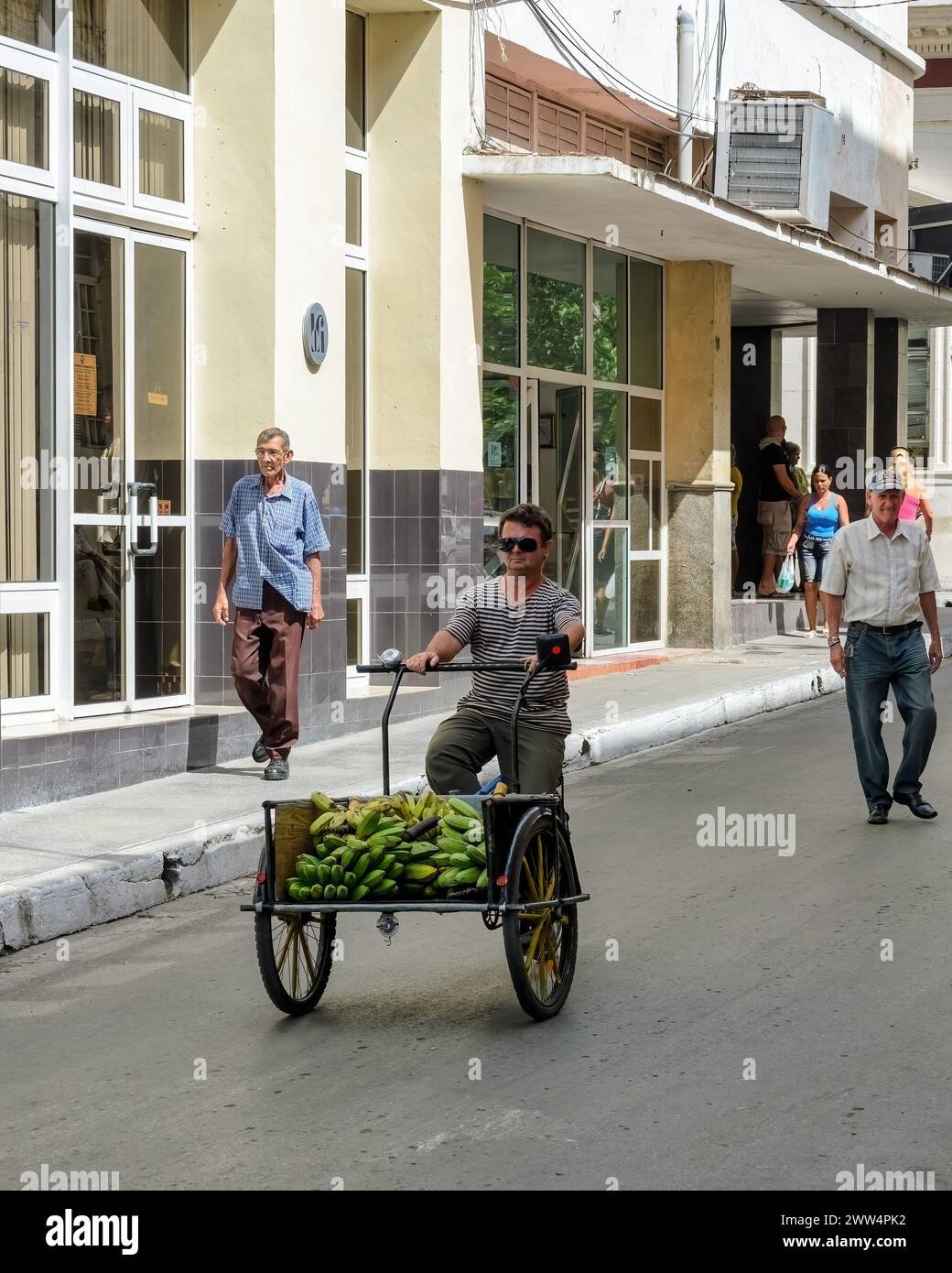 Cuban man driving a tricycle full of banana bunches on a city street, Santa Clara, Cuba Stock Photo