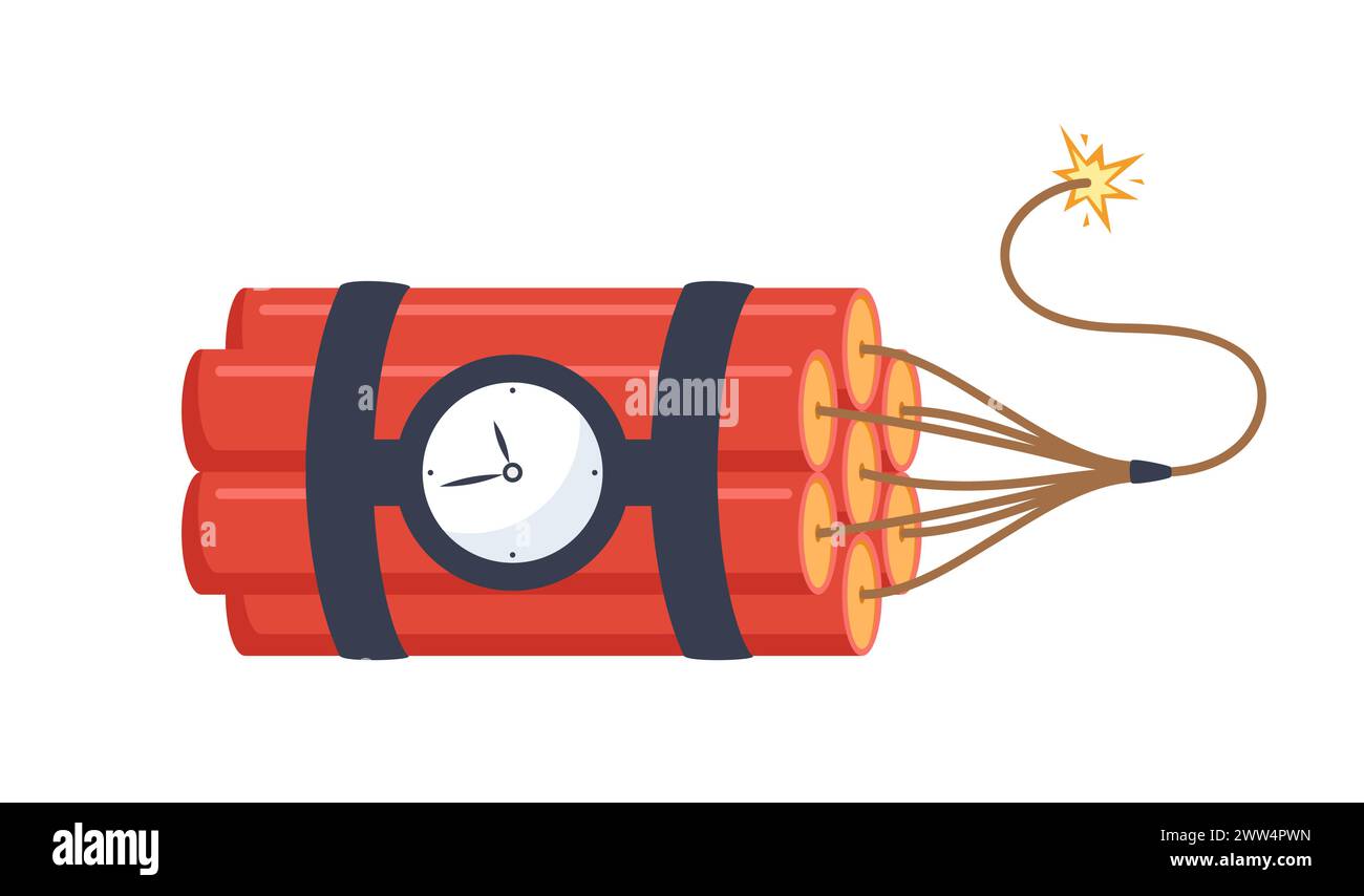Dynamite sticks, set. Red sticks with burning fuses and explosion timer. Trinitrotoluene explosive object icon. Vector illustration Stock Vector