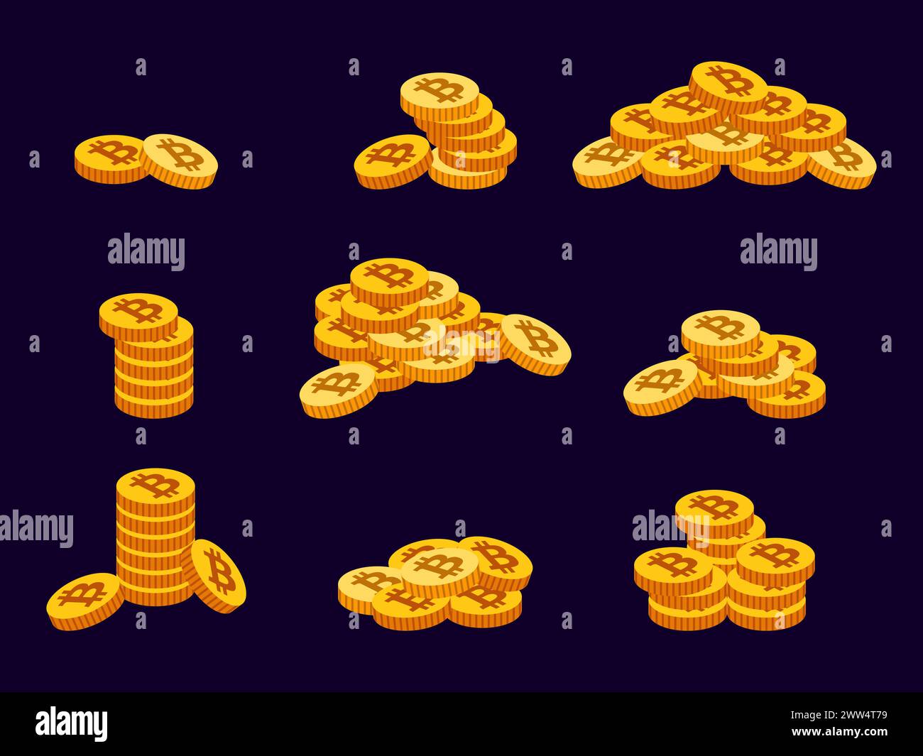 Bitcoin coin icon set. Various piles of scattered coins. Bitcoin cryptocurrency. 3D coins with a Bitcoin symbol. Stack of gold coins. Design wallpaper Stock Vector