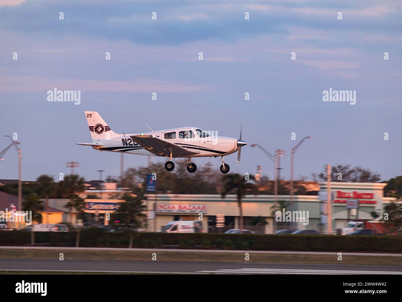FORT MYERS, FLORIDA, USA - 15 FEB 2024. 2022 PIPER ARCHER III, PA-28-181 lands at Page Field Airport in Fort Myers on the Gulf Coast. Florida, USA Stock Photo