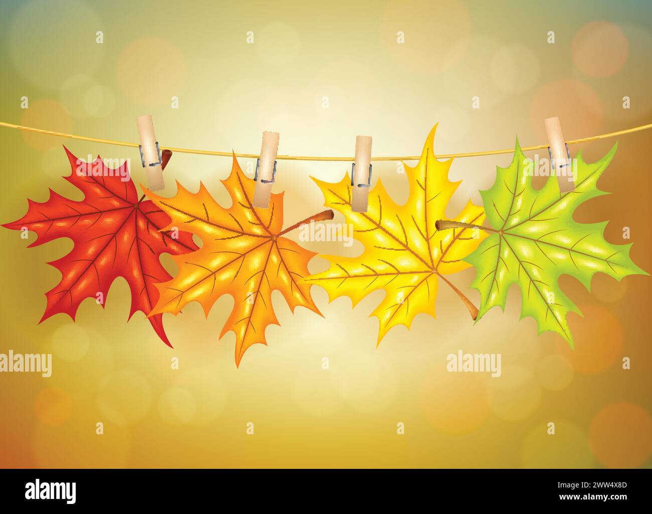 Autumn Leafs with Clothespins Background, Vector Illustration Stock Vector