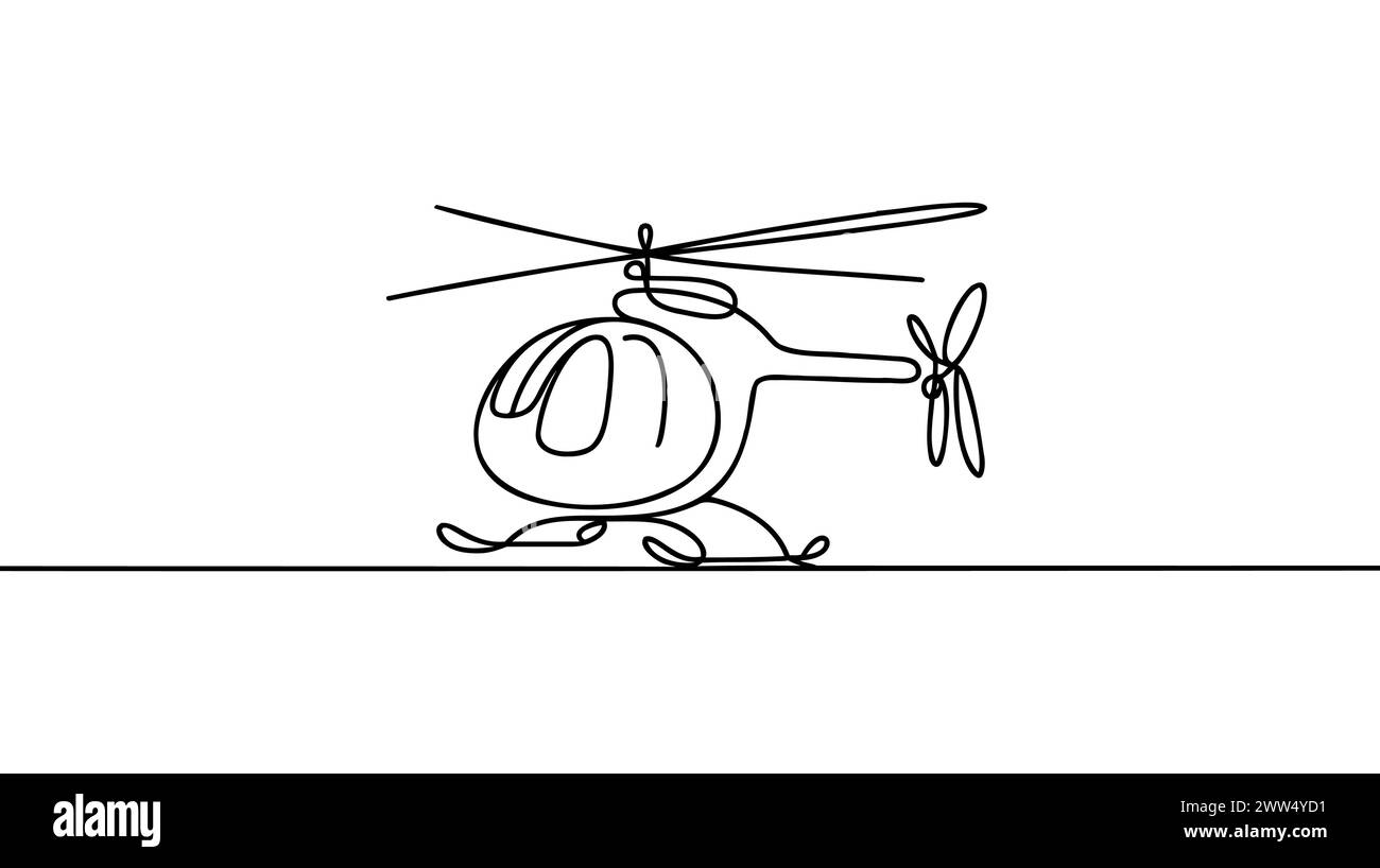 Continuous line helicopter in flight. Drawing black thin line on white background. Stock Vector