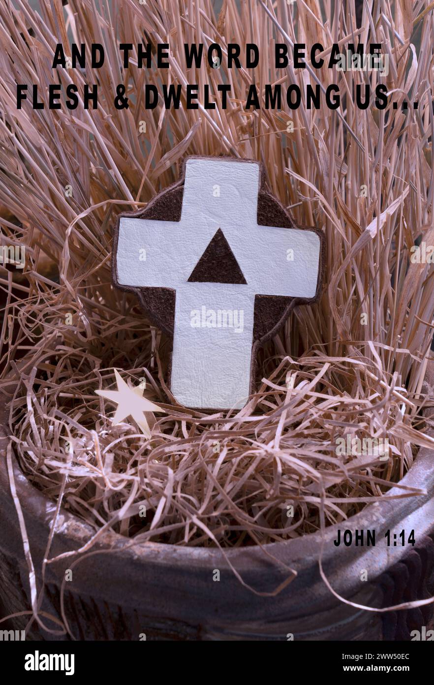 Christians believe 'the word became flesh' John1:14. Jesus born, died, & arose from the dead to give everlasting life to all. See White empty cross. Stock Photo