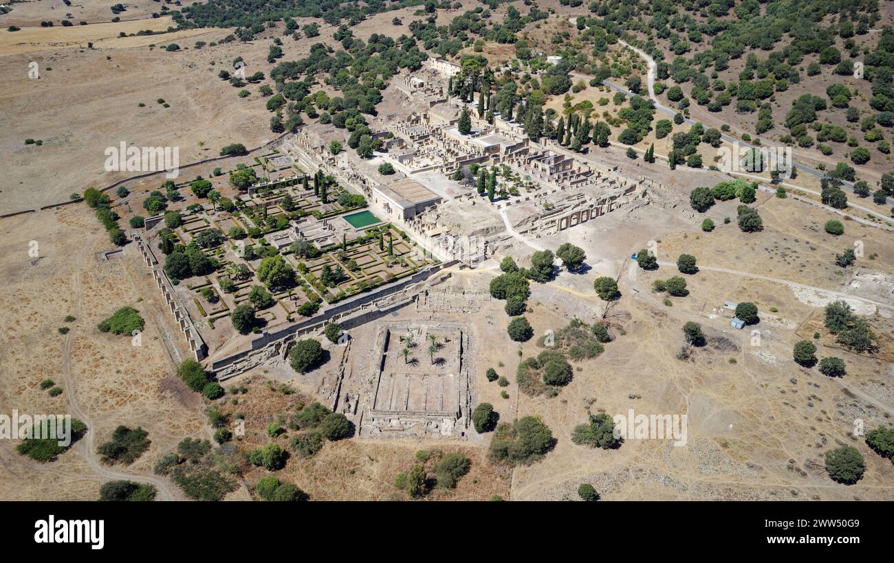 Aerial drone view of the Caliphate City of Medina Azahara in Cordoba. Archaeological site. Unesco World Heritage, Spain. Ancient civilization. Stock Photo