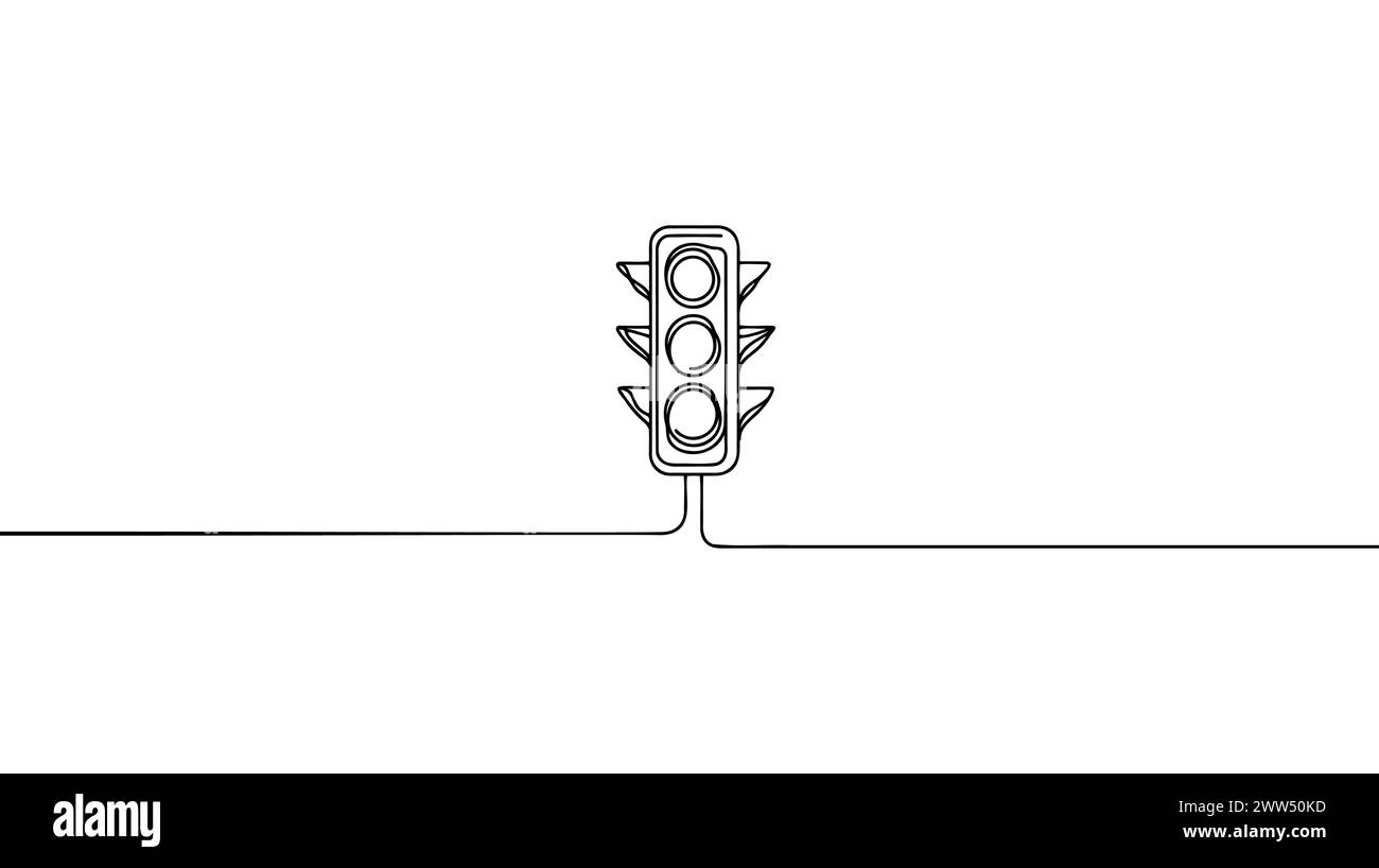 Continuous one line drawing of traffic lights with poles to regulate vehicle travel at road intersections. There are red, yellow, green lights. Single Stock Vector
