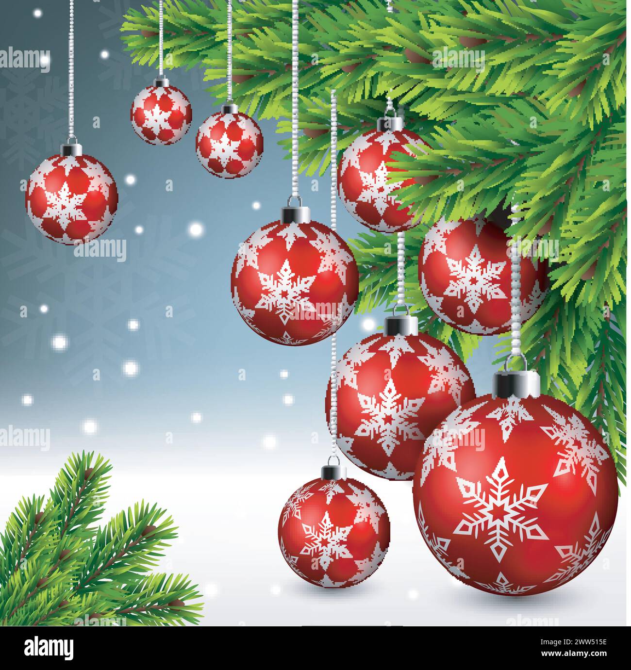 Red Christmas Ball Hanging on Pine Leaves, Vector Illustration Stock ...