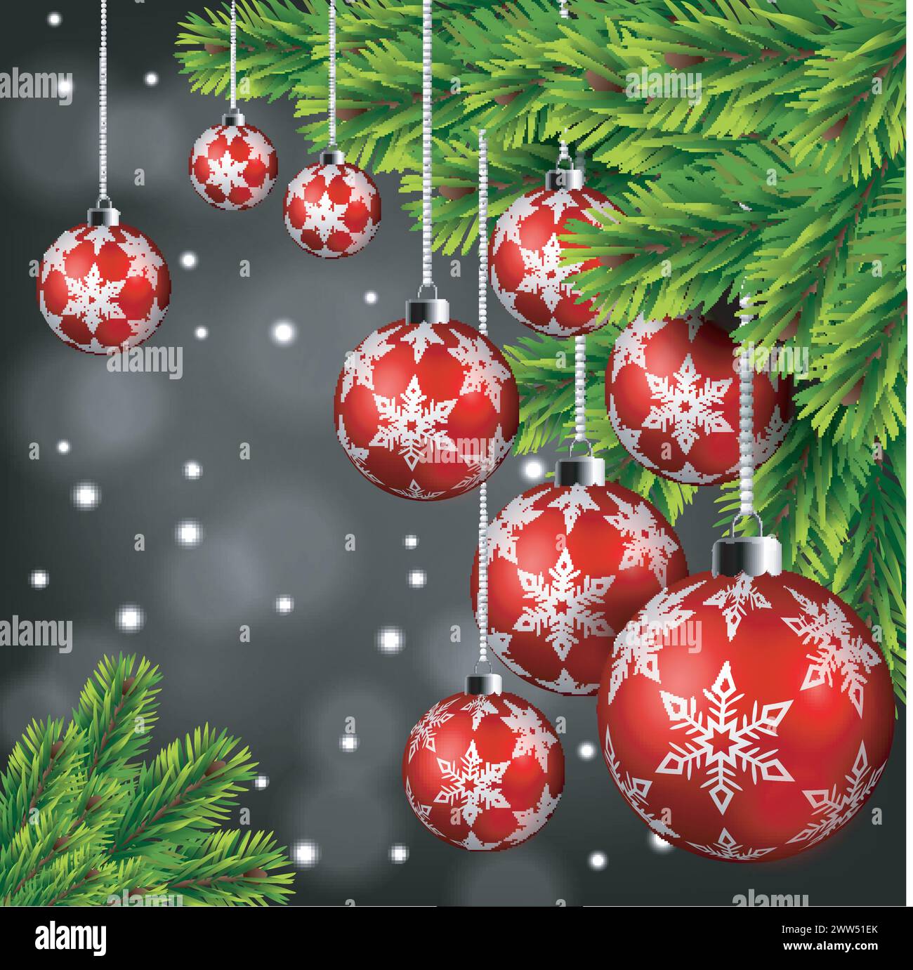 Red Christmas Ball Hanging on Pine Leaves, Vector Illustration Stock ...