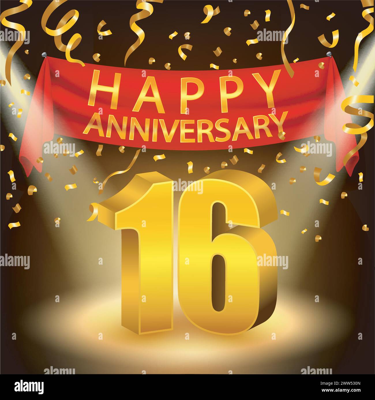 Happy 16th Anniversary!!! [紅] Sixteen Years Anniversary Badge With Red Ribbon Stock