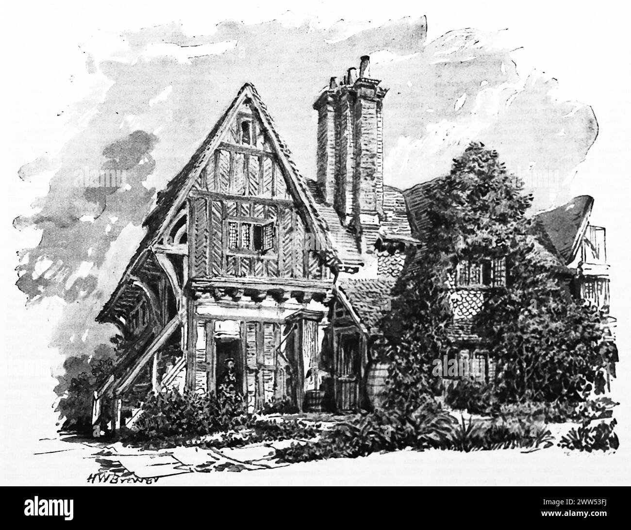 At Ewhurst, Surrey, an old English cottage, by H.W. Brewer. Black and white. Photograph taken from a magazine originally published in 1898. Stock Photo