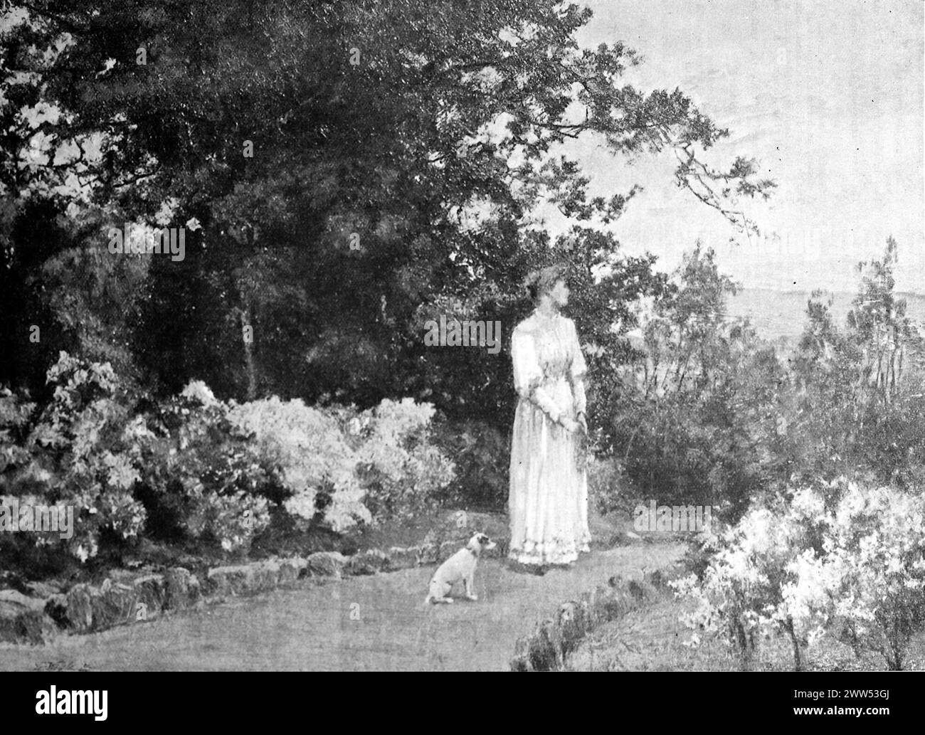 Avont Thae Hills, a lady on a footpath in a garden, a small dog seated beside her, from an unattributed painting. Black and white. Photograph taken from a magazine originally published in 1899. Stock Photo