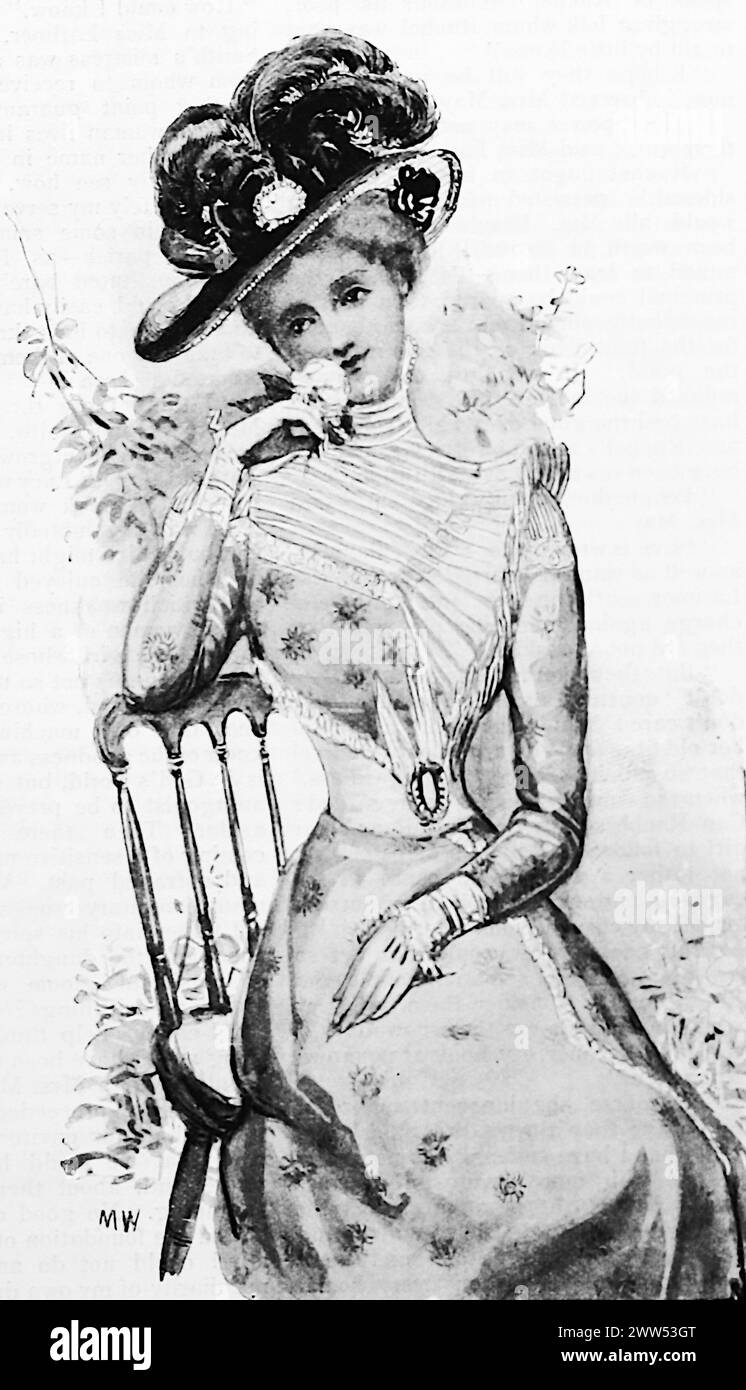 Portrait of a lady in an elaborate hat, by M.W. Black and white. Photograph taken from a magazine originally published in 1899. Stock Photo