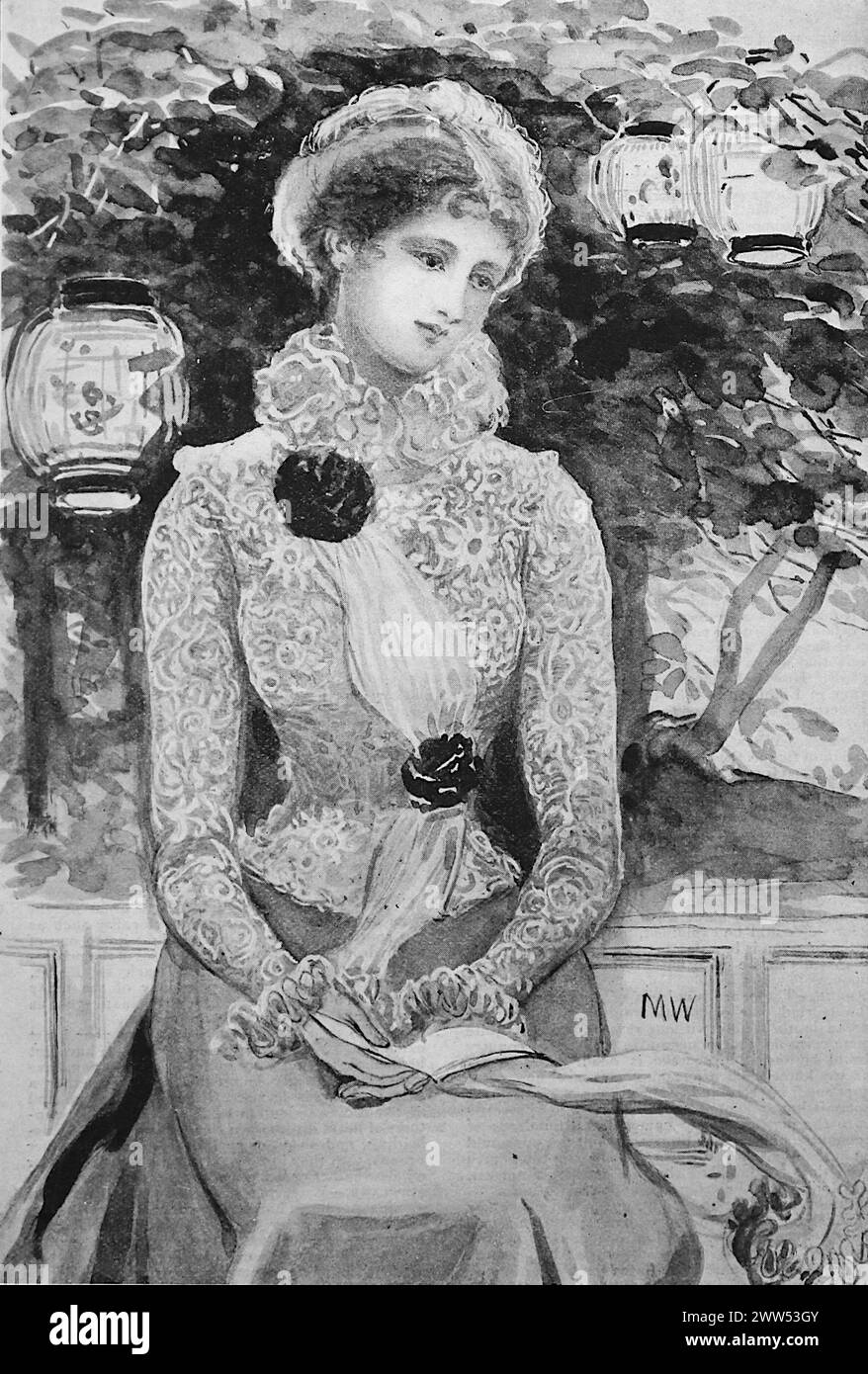 A lady wearing a Guipure lace blouse, by M.W.  Black and white. Photograph taken from a magazine originally published in 1899. Stock Photo
