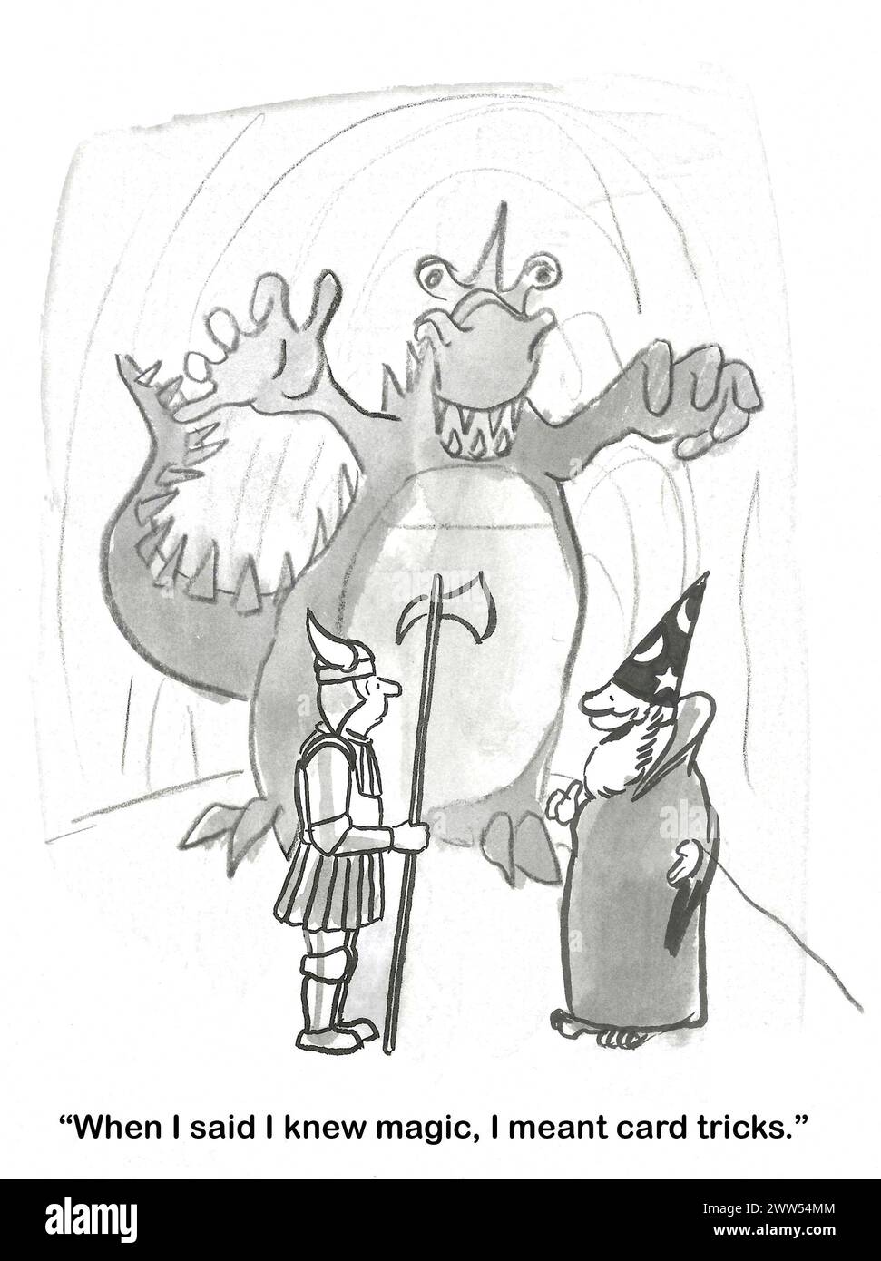 BW cartoon of a wizard whose magic capabilities have been misunderstood. Stock Photo