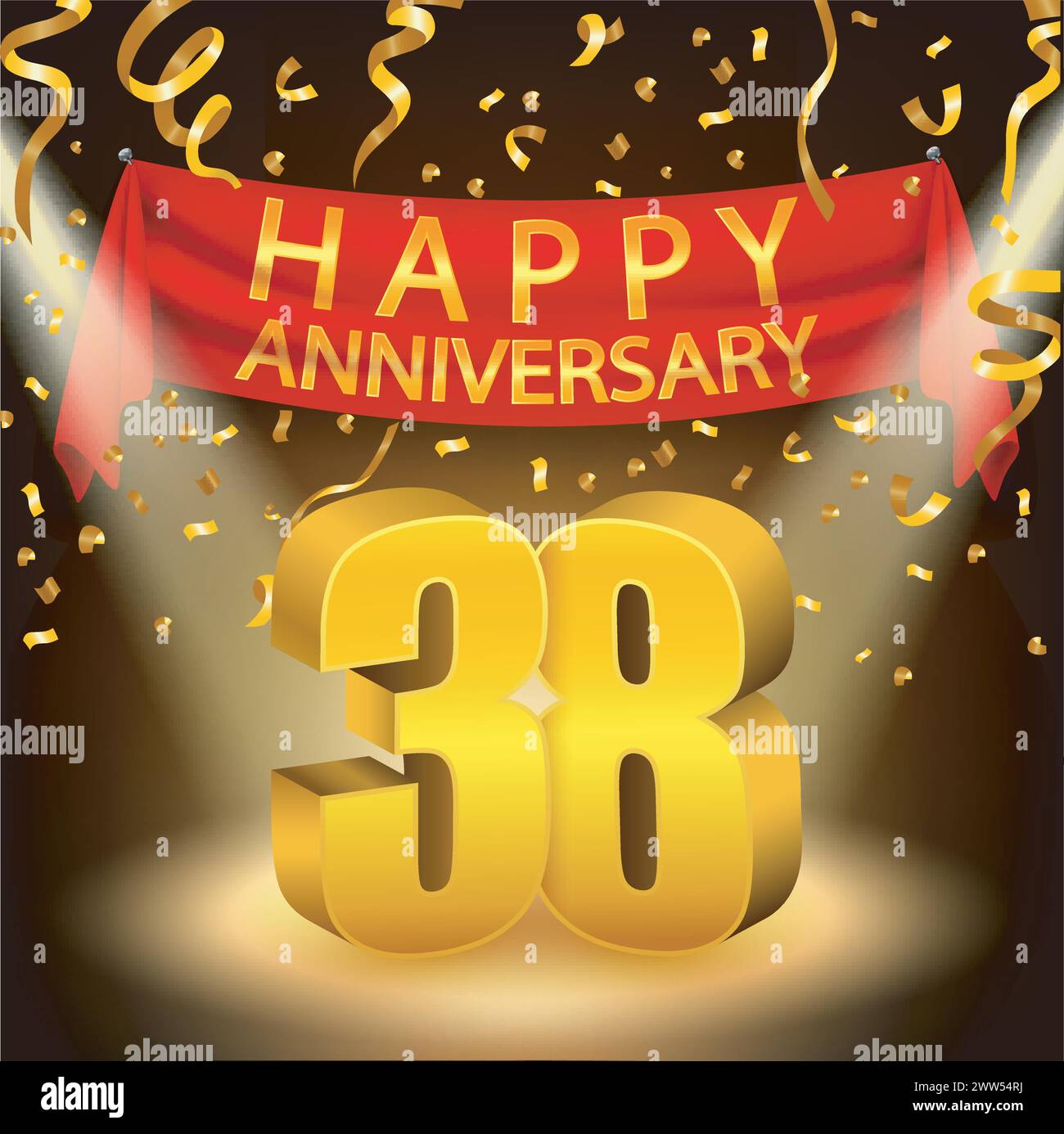 Happy 38th Anniversary Celebration with Golden Confetti and Spotlight, Vector Illustration Stock Vector