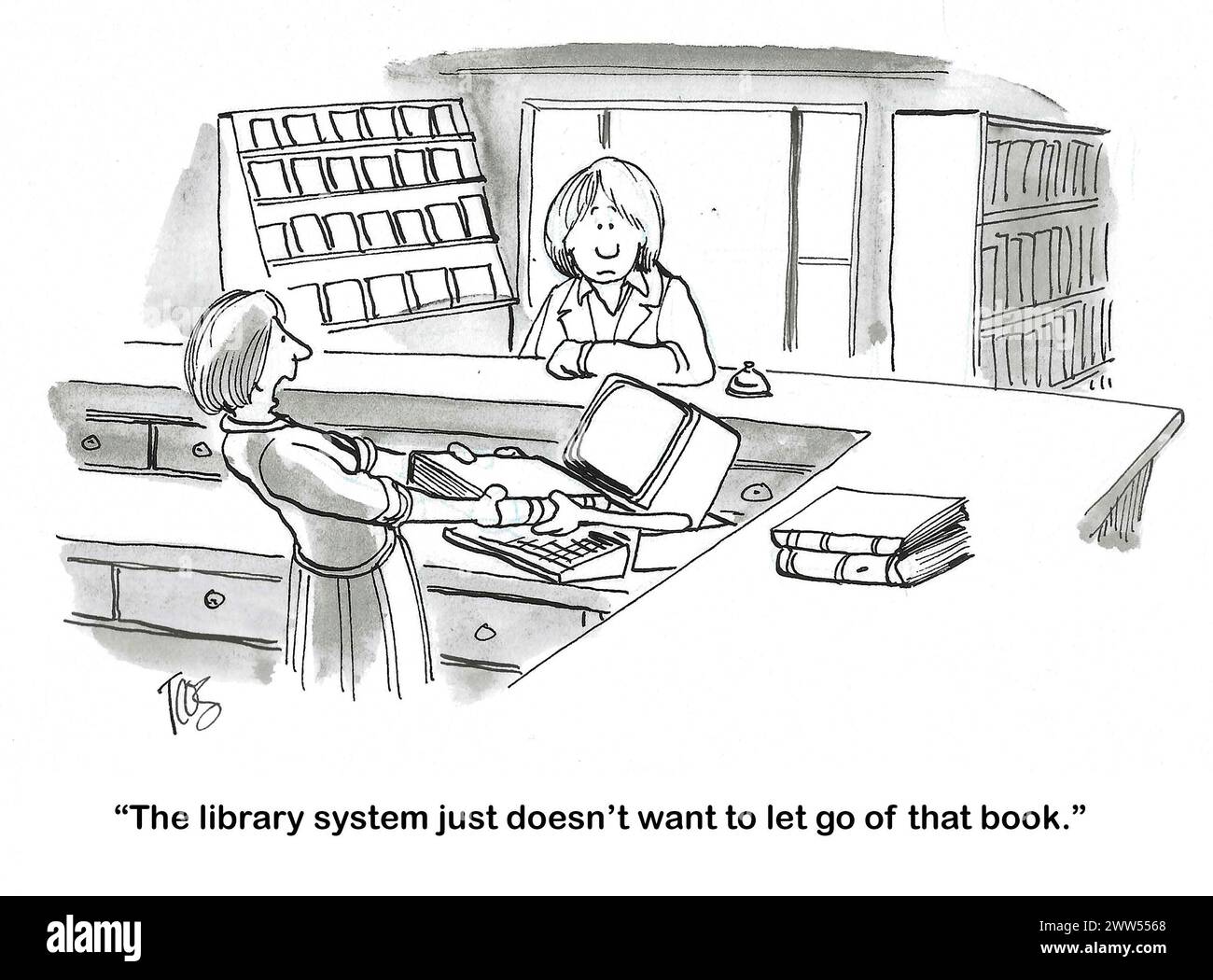 BW cartoon of a library system that keeps holding onto a book. Stock Photo