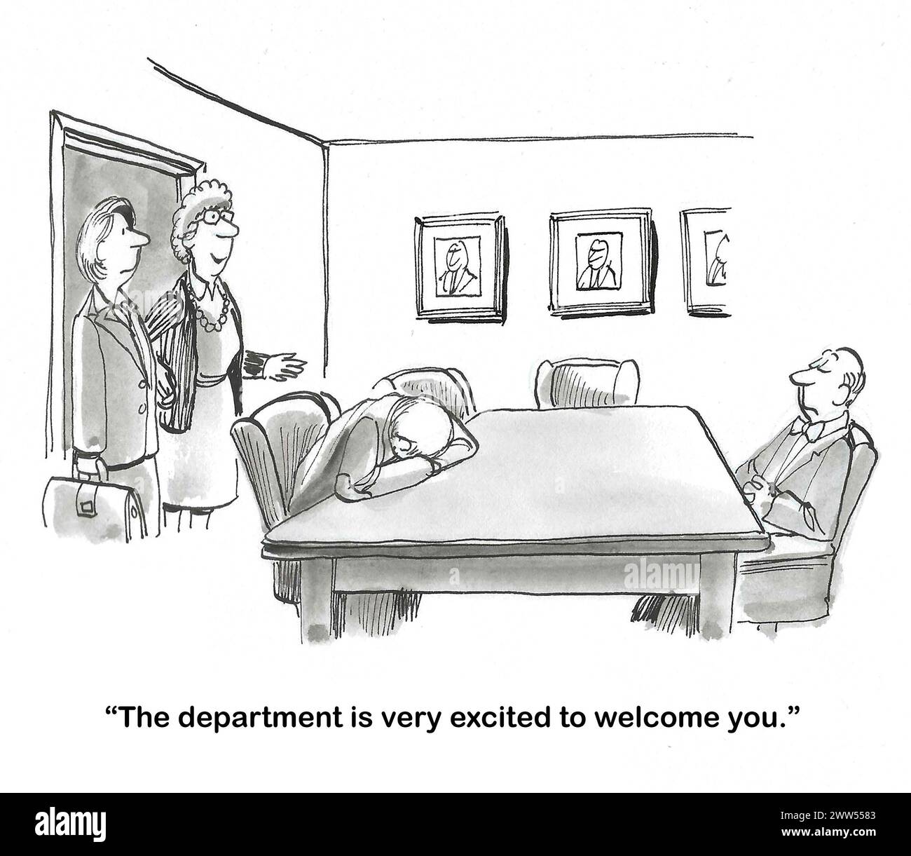 BW cartoons of a department treating the new employee rudely. Stock Photo