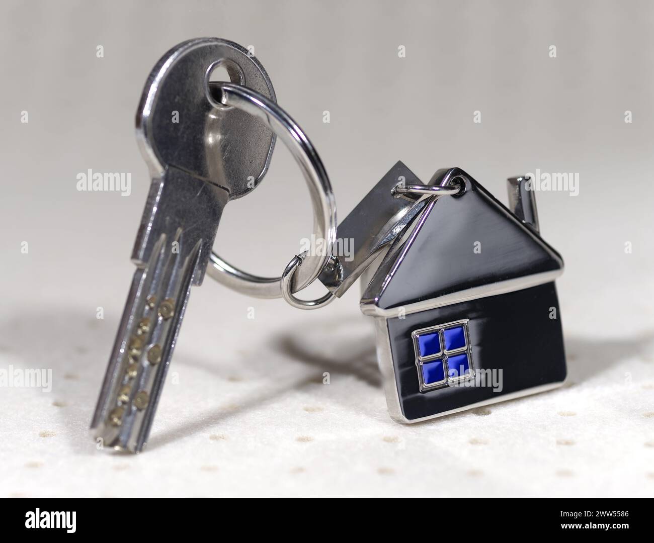 House symbol with silver keys on abstract background. Real estate concept Stock Photo