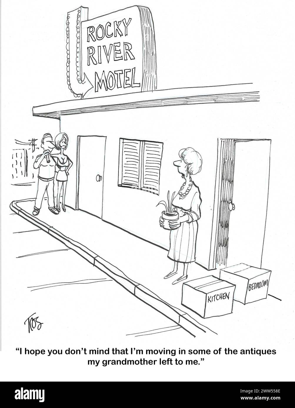 BW cartoon of a woman moving inheritance antiques into a motel room. Stock Photo