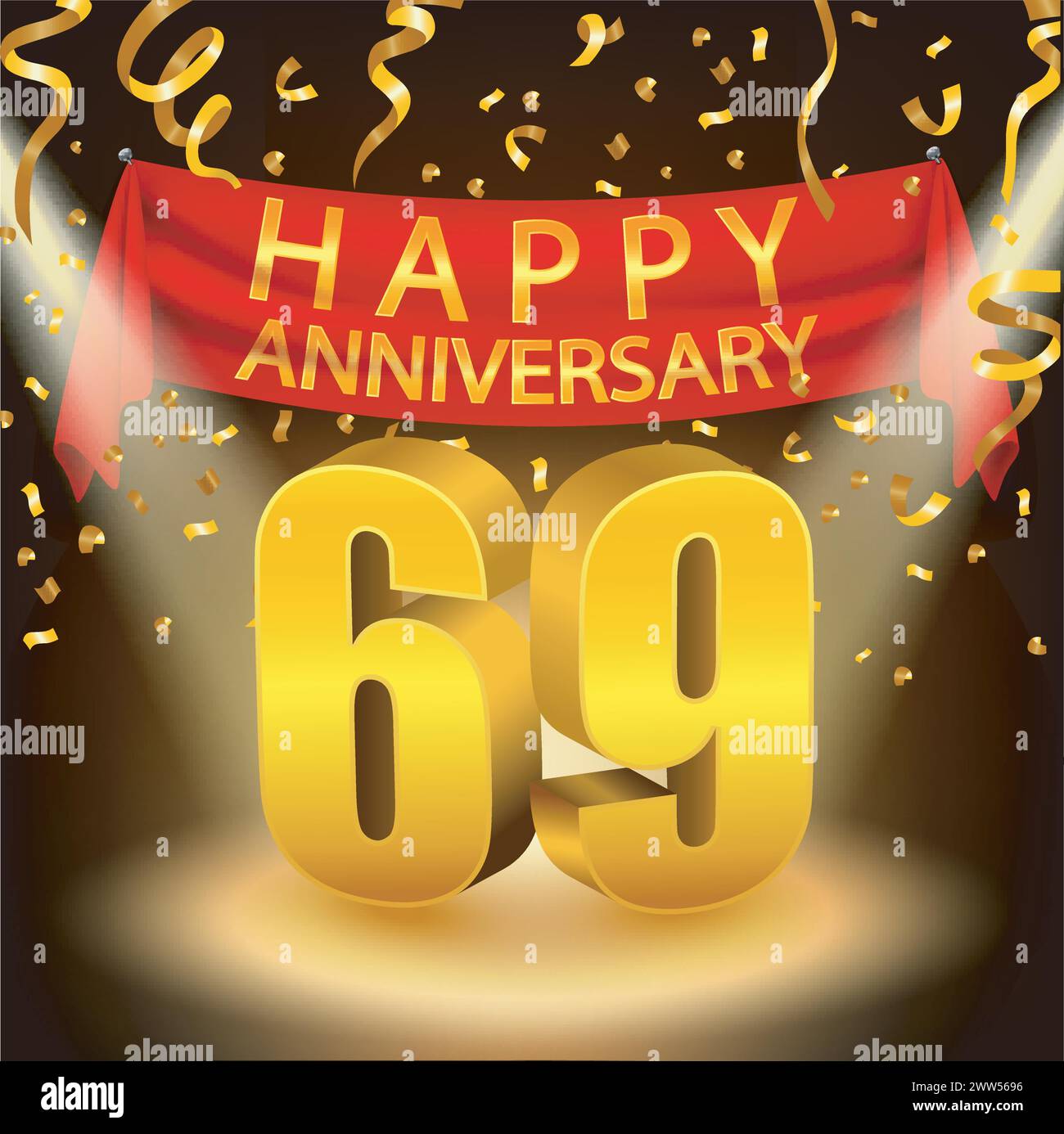 Happy 69th Anniversary Celebration with Golden Confetti and Spotlight, Vector Illustration Stock Vector
