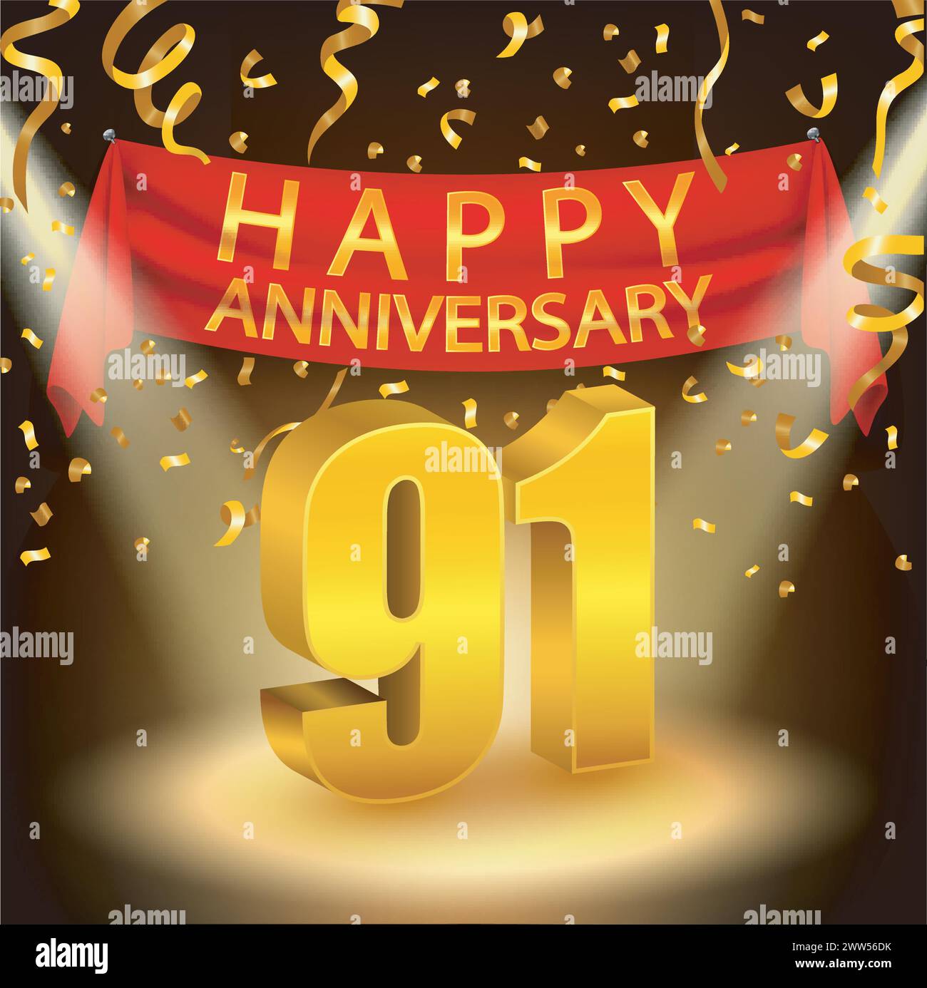 Happy 91th Anniversary Celebration with Golden Confetti and Spotlight ...