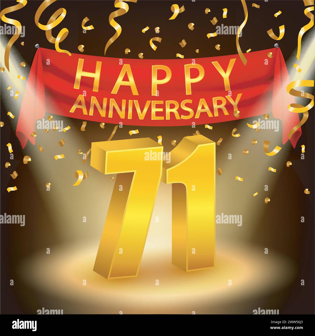 Happy 71th Anniversary Celebration with Golden Confetti and Spotlight, Vector Illustration Stock Vector