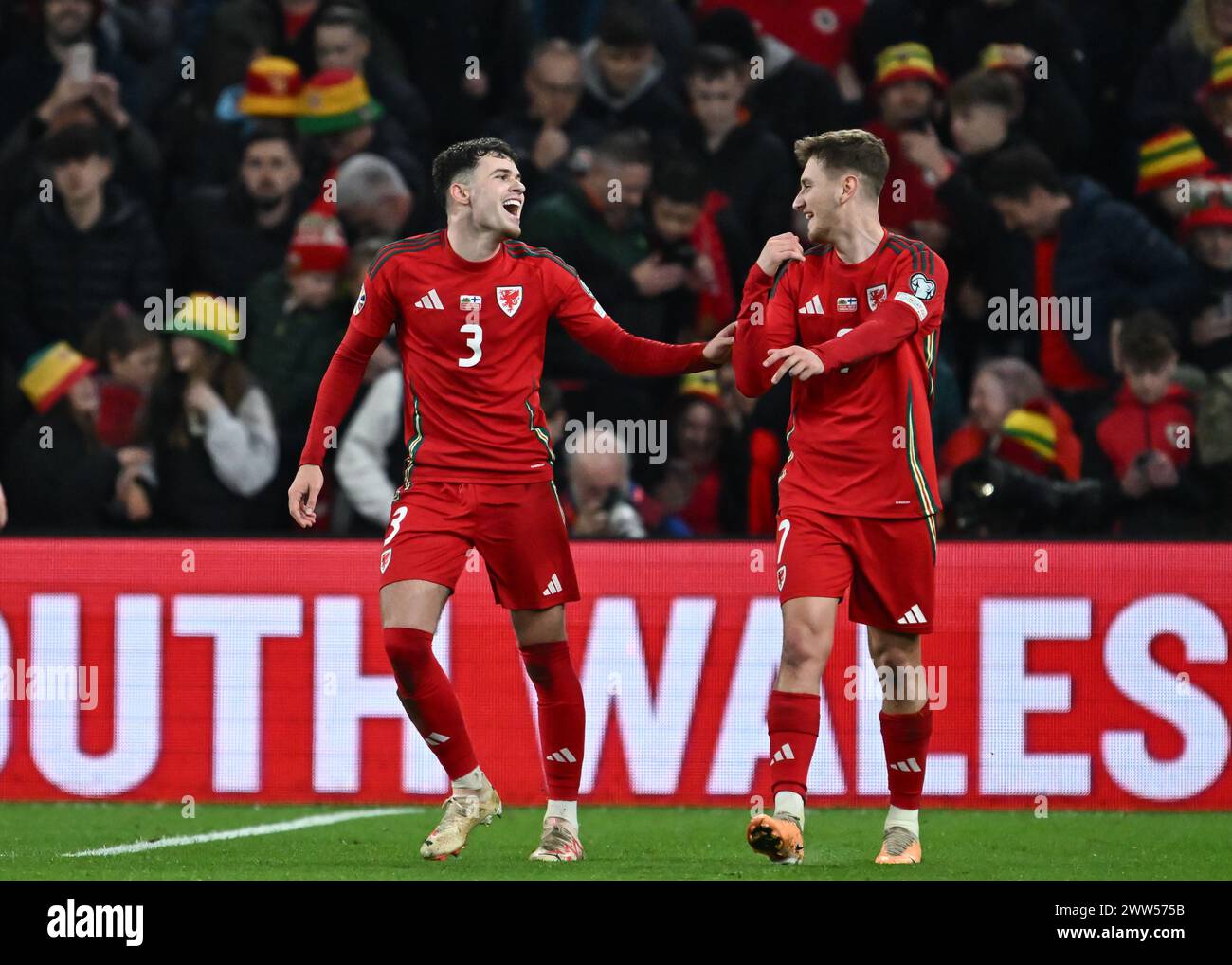 Neco Williams of Wales celebrates his goal to make it 2-0 Wales, during the UEFA Euro Qualifiers Play-Off Semi-Final match Wales vs Finland at Cardiff City Stadium, Cardiff, United Kingdom, 21st March 2024  (Photo by Craig Thomas/News Images) Stock Photo