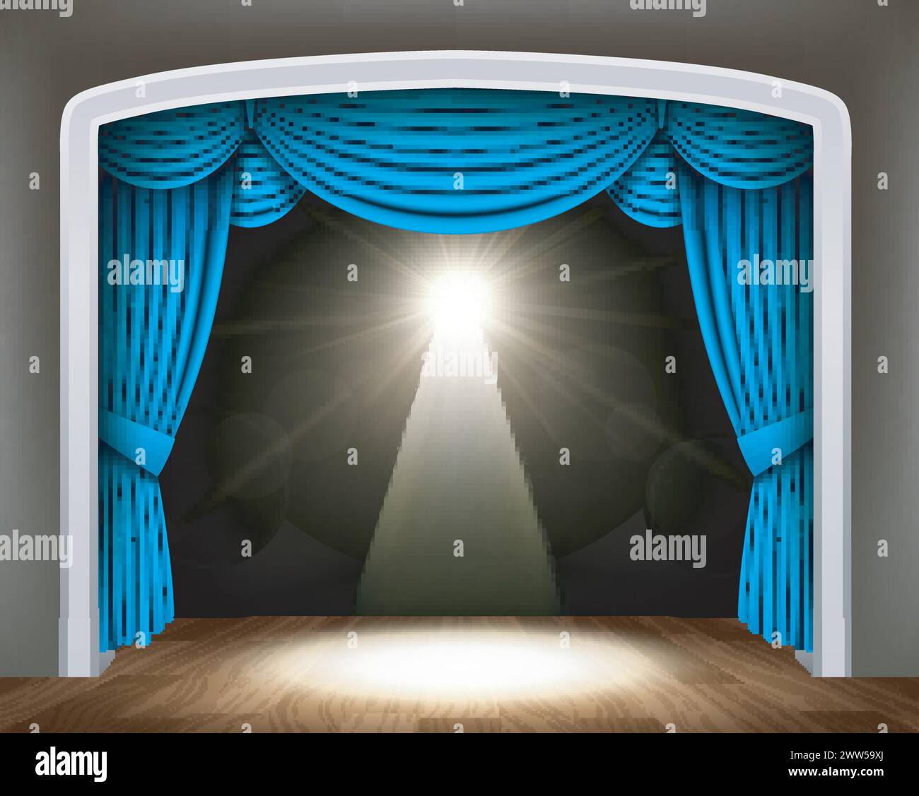 Blue Curtain of Classical Theater with Spotlight on Wood Floor, Vector ...