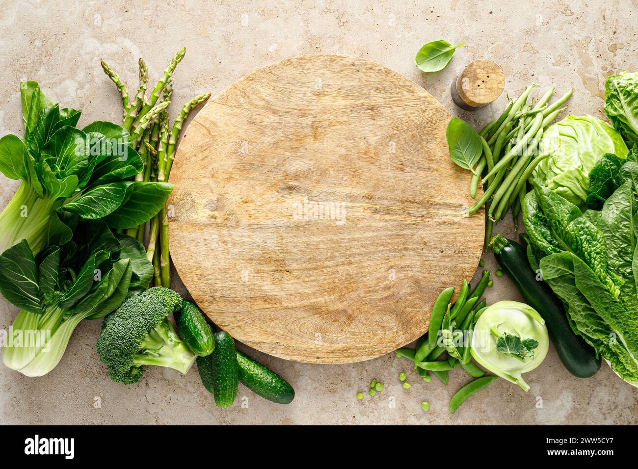 Green vegetable background. Various green vegetables. Veggies. Clean eating, healthy vegetarian, vegan food concept, copy space, top view Stock Photo