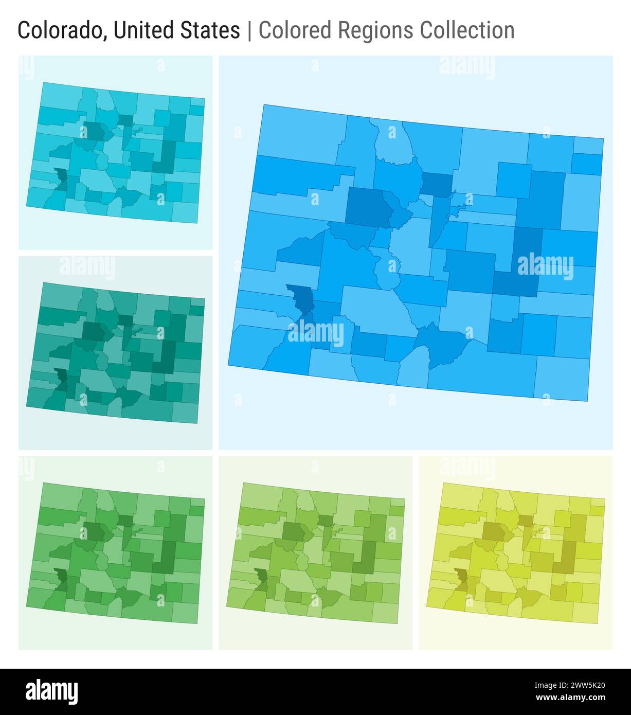 Colorado United States Map collection - Colorado United States Map Collection State Shape Colored Counties Light Blue Cyan Teal Green Light Green Lime Color Palettes 2WW5K20 